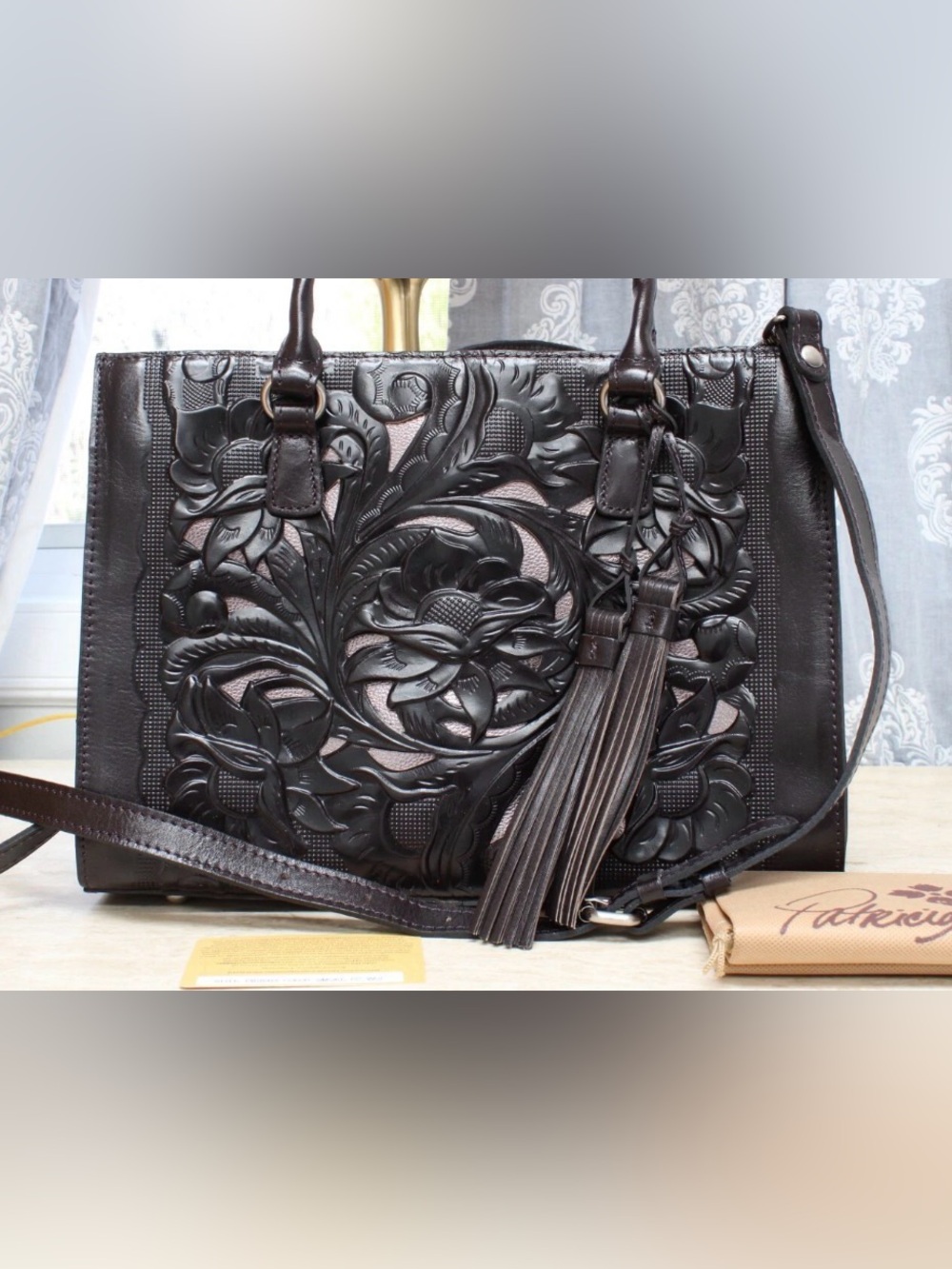 Patricia Nash Primrose Black Floral Embossed Bag with Tassels color Smoke -Black